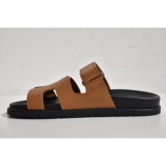 Hermes Chypre Sandal Natural Brown Leather Black Strap Slide Slip On Flat 39.5 - Picture 9 of 12
